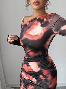 Elenzga 女士斜肩长袖修身腰部抽绳开叉扎染印花优雅精致连衣裙