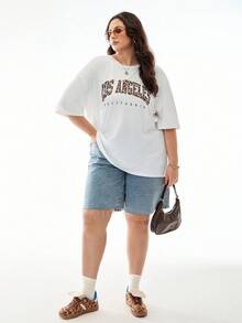 SHEIN EZwear Plus Leopard & Letter Graphic Drop Shoulder Tee - White - View 2