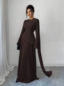 Elenzga Váy kiểu Pháp cổ điển thanh lịch phong cách Trung Đông dành cho nữ, gồm váy nhiều lớp, dây buộc eo có thể điều chỉnh, tay chuông và vạt vai, thích hợp cho các bữa tiệc, mùa xuân/thu/đông - Màu nâu Sô-cô-la - Xem 6