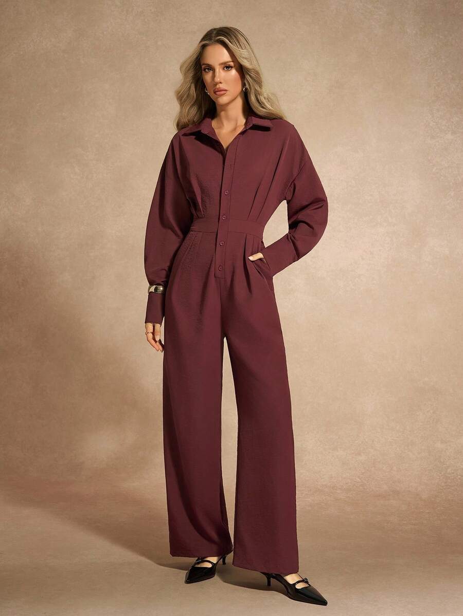 Almamuse 女士休闲简约纯色宽松连体裤，适合通勤 - 咖啡棕 - 查看 1