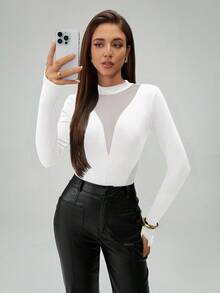 SHEIN Tall Women's Fashion Sheer Mesh Patchwork Long Sleeve Bodysuits White Bodysuit - White - View 5
