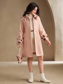 Girls' Solid Color Mid-Length Overcoat With Fur Collar, Single-Breasted, Contrast Color Cuffs, Elegant And Charming, Autumn/Winter - Multicolor - View 3