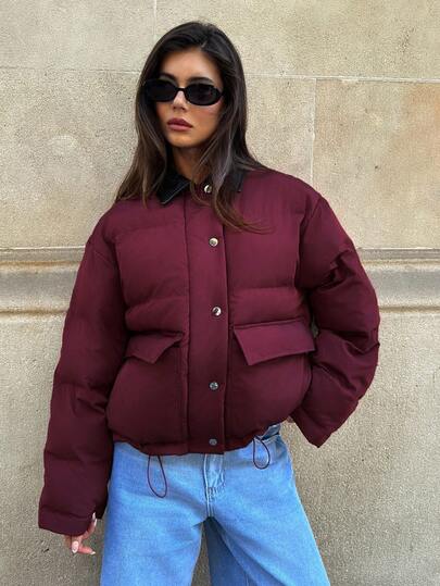 Aloruh Barnkully 撞色酒红色 PU 领夹棉大衣