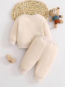 SHEIN 韓式可愛趣味新生兒卡通熊刺繡衛衣褲子兩件套黃色白色波點秋季嬰兒套裝 - 杏色 - 查看 2