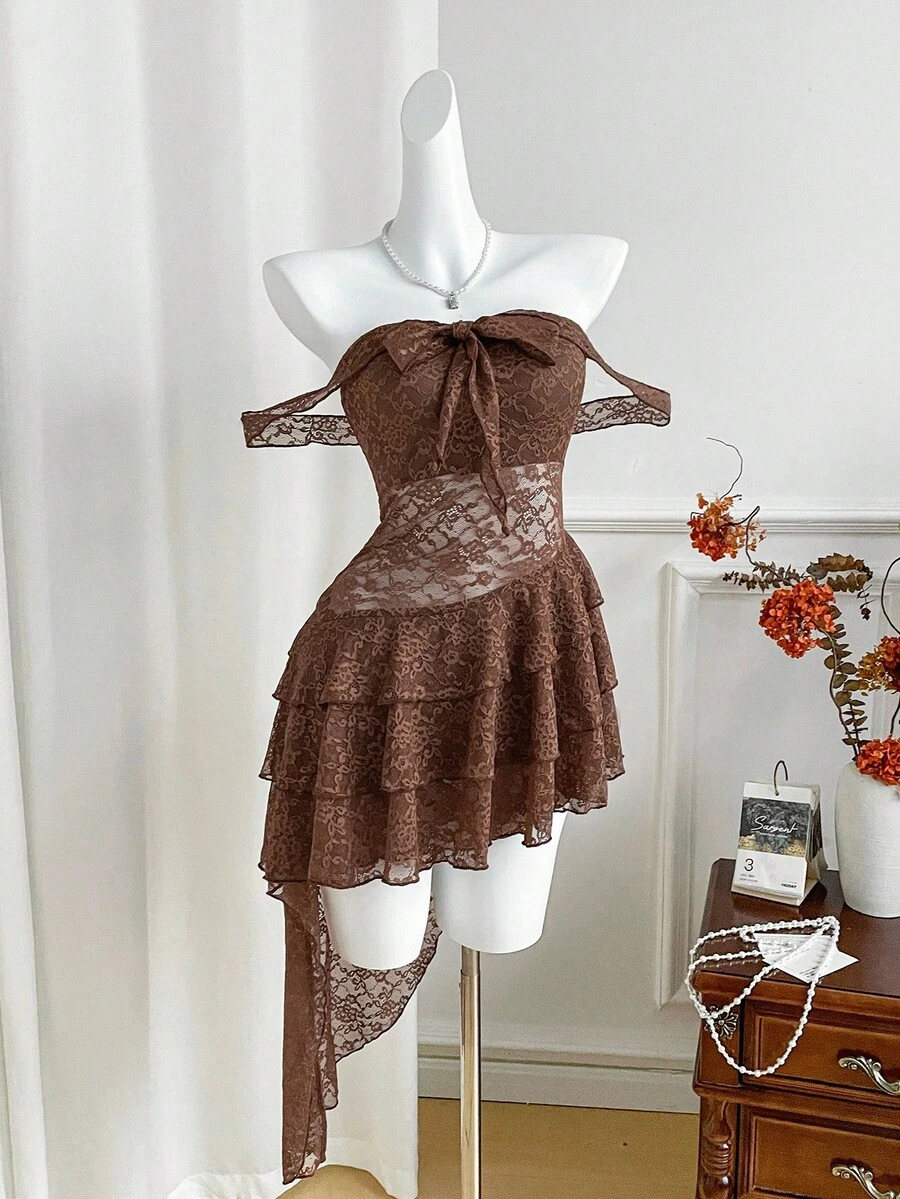 Flirla Retro Elegant Sexy Ruffled Layered Low-Cut Slim Fit Spaghetti Strap Asymmetrical Dress, Versatile For Early Autumn - Brown - View 1