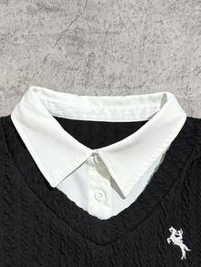 青少年女孩修身衬衫裙，褶边，长袖，休闲舒适 - 藏蓝色 - 查看 3