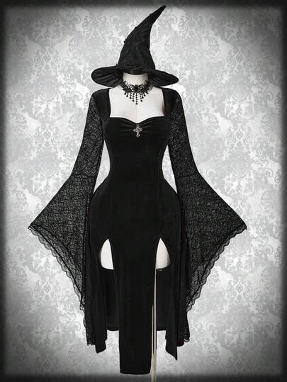 SHEIN ICON Vestido sexy de terciopelo con abertura alta, cuello de corazón, encaje y mangas abullonadas exageradas, talla grande. Disfraz de Halloween, disfraz de bruja