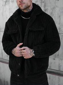 Manfinity Homme 加大码翻盖细节纽扣前法兰绒夹克男士短袖外套男士冬季服装、男士夹克、男士前扣长袖口袋简约夹克、休闲日常穿着、男士夹克、秋冬男士夹克、男朋友礼物、温暖长袖休闲灯芯绒法兰绒夹克外出、泰迪熊衬里大衣男士 S、男士街头夹克、男士短袖外套、街头风格美式复古灯芯绒夹克男士黑色夹克男士毛衣夹克男士短袖外套 F - 黑色 - 查看 3