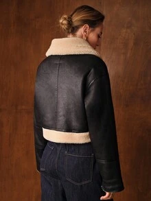 MOTF STUDIO CONTRAST FUZZY PANEL DROP SHOULDER OVERSIZE ZIP UP JACKET FOR AUTUMN/WINTER - Black - View 4