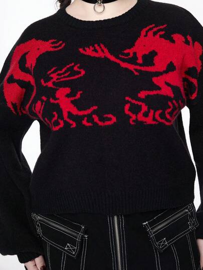 Goth Plus Size Dark Demon Graphic Loose Fit Knit Pullover Sweater, Autumn/Winter