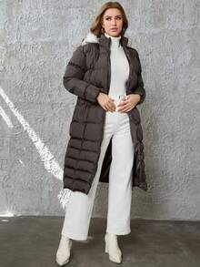 EURMUSE Zip Up Fuzzy Trim Hooded Puffer Coat - Black - View 1