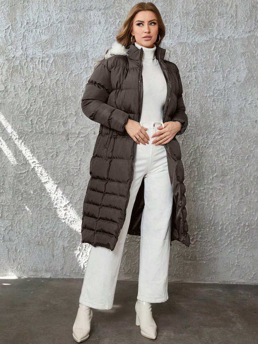 EURMUSE Zip Up Fuzzy Trim Hooded Puffer Coat - Black - View 1