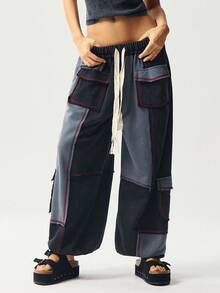 Bohemela Pantalones de chándal holgados de mujer con cordón y parches de punto - Negro - Ver 6