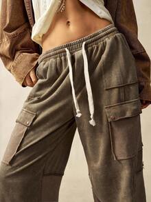 Bohemela Casual Knit Patchwork Wide Leg Tie Waist Women Pants - Brown - View 5