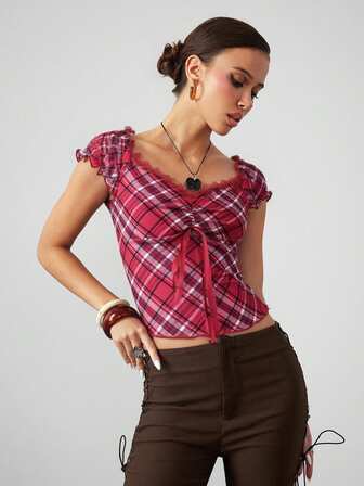 J-Fashion Women's Contrast Lace Sweetheart Neck Tie Front Plaid Dolman Sleeve Fashionable T-Shirt