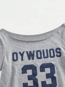 少女休闲宝蓝色针织标语露肩印花短款短袖修身上衣，春夏季清凉基础款日常百搭运动时尚夏季上衣，开学季校服~ - 灰色 - 查看 3