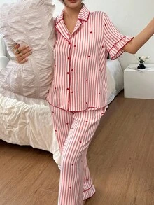 SHEIN 心形条纹印花撞色饰边领口荷叶边下摆女式短袖睡衣套装 - 彩色 - 查看 6