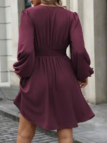 Vionelle Plus Size Women's Crossover V-Neck Twist Waist A-Line Puff Sleeve Lantern Sleeve Dress, Angora Red, Elegant, Sophisticated, Romantic French Retro Street Casual Minimalist Versatile, Suitable For Halloween, Christmas, Thanksgiving, Afternoon Tea Party, Autumn/Winter Plum Dress Long Sleeve Elegant Dress Wine Dress Puffy Sleeve Dress