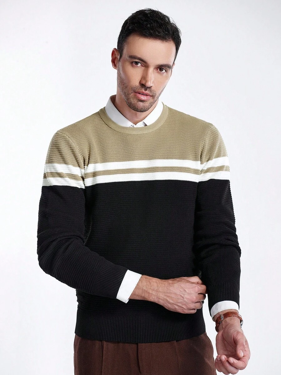 Formmaro Men's Casual Colorblock Crew Neck Long Sleeve Pullover Sweater , Fall/Winter - Black - View 1