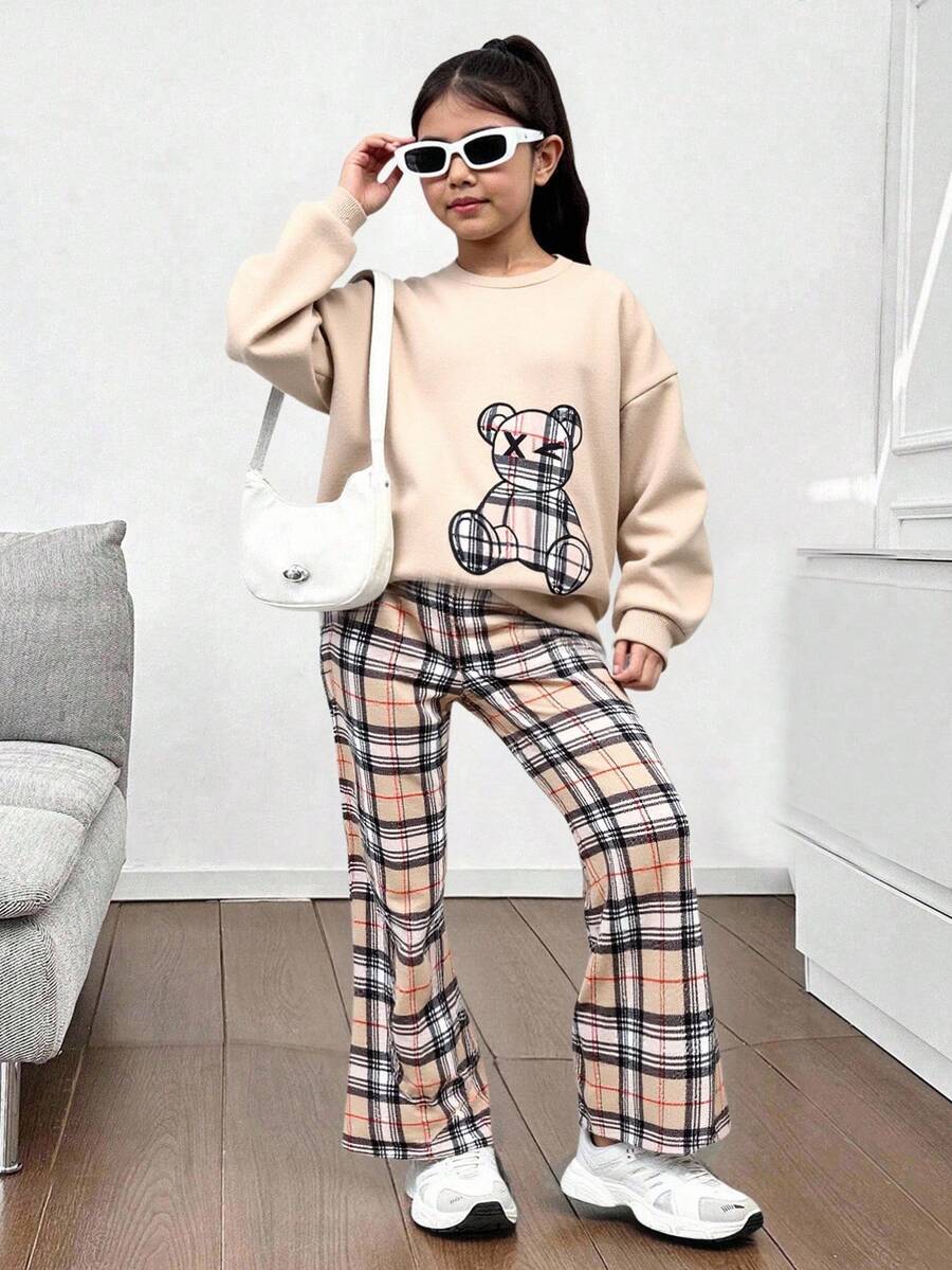 SHEIN Tween Girls' Casual Sports Chic Cute Cartoon Bear Embroidery Loose Drop Shoulder Crew Neck Sweatshirt & Plaid Slim Fit Leggings Set, Khaki Fall Winter - Khaki - View 1