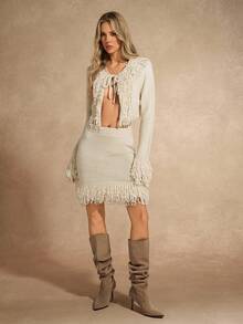 Chiquease 2pcs Fashionable Sexy Fringe Decor Cardigan & Knit Skirt Set - Beige - View 6