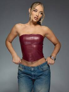 MISSGUIDED 仿皮束身胸衣露脐上衣无肩带派对夜店之夜无袖时尚休闲现代晚装修身拉链后背圣诞节 - 紅色 - 查看 6