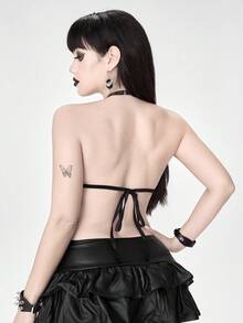 ROMWE Grunge Punk Dark Punk Metal Hook Clasp PU Halter Triangle Cup Bra For Women - Black - View 3