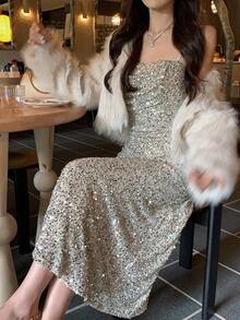 DAZY 女士亮片装饰开衩连衣裙，适合派对、生日、舞会等场合，闪亮礼服 - 銀色 - 查看 10