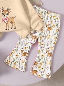 2pcs/Set Cute Sweet Baby Girl Casual Deer Print Crew Neck Long Sleeve Sweatshirt And Flared Pants Set, Suitable For Autumn/Winter, - Multicolor - View 4