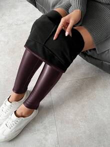 SHEIN PETITE Quần legging trơn màu trơn bóng cho nữ, mùa thu - Màu tím - Xem 3