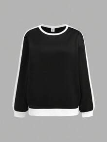 2 件套青少年女孩休闲运动家居服运动衫和阔腿运动裤套装，拼色超大圆领长袖连帽衫和裤子返校装，黑白