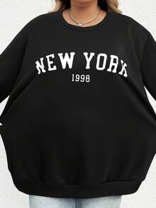 SHEIN CURVE+ Plus Size Casual Loose New York Graphic Round Neck Long Sleeve Sweatshirt For Women, Autumn/Winter - Black - View 7