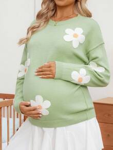 SHEIN Women Loose Fit Contrast Color Towel Embroidery Design Maternity Sweater, Long Sleeve Knitted Pullover For Autumn/Winter - Green - View 4