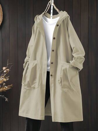 Linhara 大码休闲连帽长款夹克，带大口袋