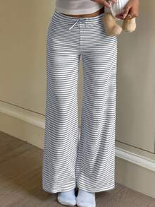 Tween Girl/Tween Girls Casual Versatile Navy Blue & White Striped Bow Decor Tube Top & Wide Leg Pants Set - Grey - View 5