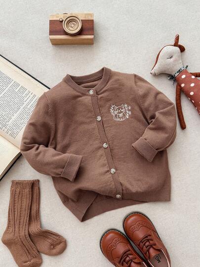 Blossori Chaqueta de punto con botones y bordado de animales elegante y francés para niñas, ropa de otoño e invierno para niñas