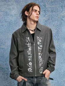 ROMWE MEN Men Floral Embroidered Zip-Up Casual Long Sleeve Collared Jacket, Fall - Black - View 6