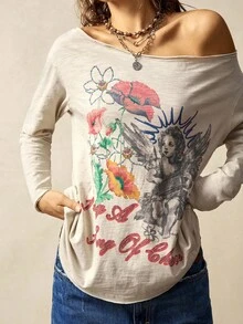 Bohemela Women's Casual Floral & Portrait Off-Shoulder Long Sleeve T-Shirt, Autumn - Blue - View 4