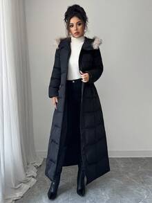 Firerie A Shape Silhouette Zip Up Hooded Fur Collar Padded Long Extra Warm Winter Coat - Black - View 5