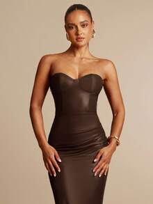 Silquee 女士纯色褶皱修身优雅露肩连衣裙 - 咖啡棕 - 查看 6