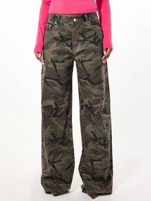 SUMWON WOMEN 水钻装饰阔腿工装裤军事作战实用风格迷彩图案节日派对华丽假日冬季时尚 - 軍綠色 - 查看 5