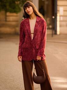 lacRébo Blazer holgado y texturizado de color borgoña con flores, con bolsillos delanteros, para mujer en otoño e invierno - Rojo - Ver 1