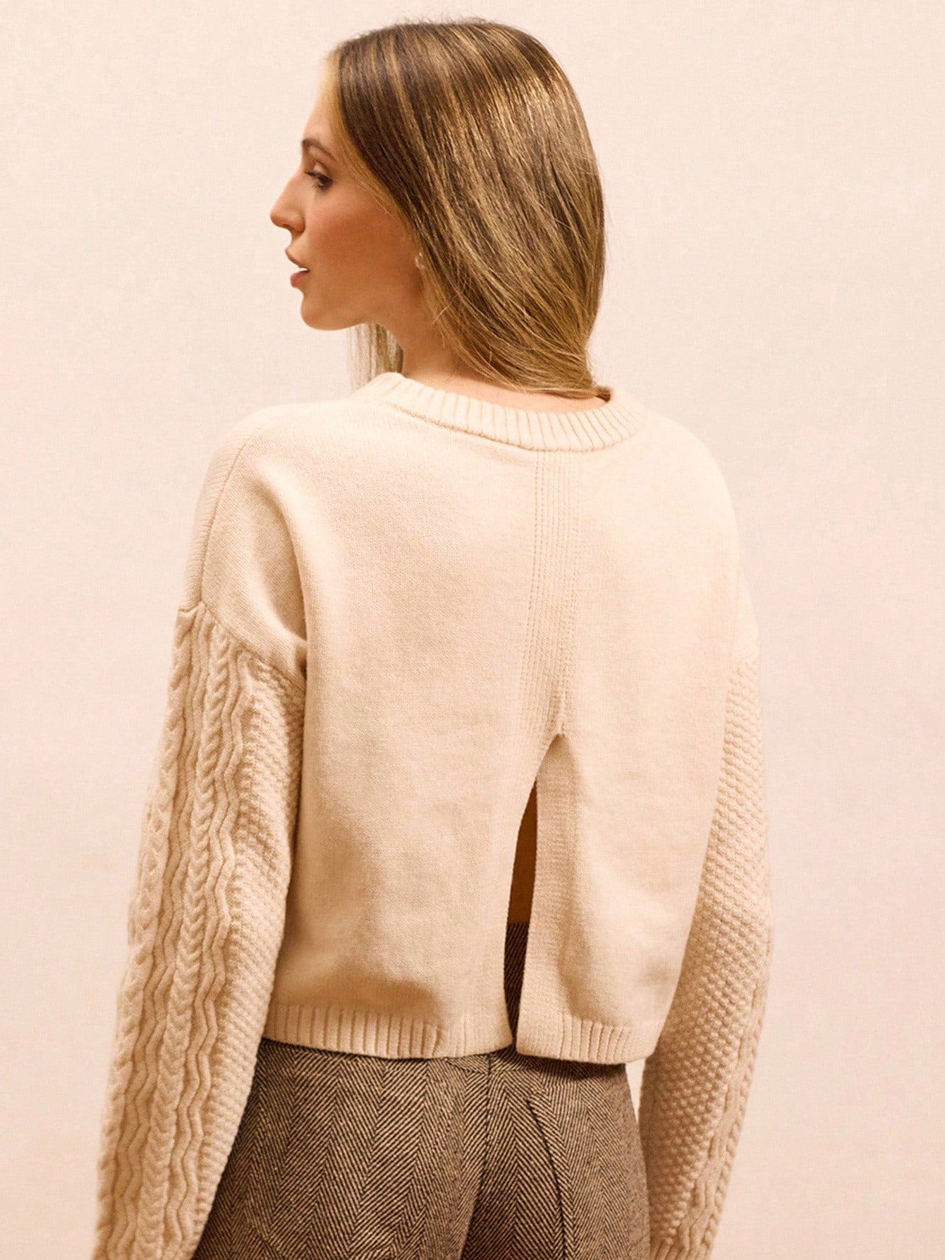 Cable Sleeve Jumper With Slit Back Detail Spring Women Spring Spring Women Spring Summer Office Top Business Casual Top