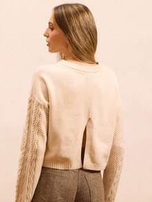 lacRébo Pull avec manches câblées et détail de fente au dos, vêtements d'automne pour femmes, tenues d'automne, vêtements d'automne et d'hiver pour femmes - Nude - Voir 2