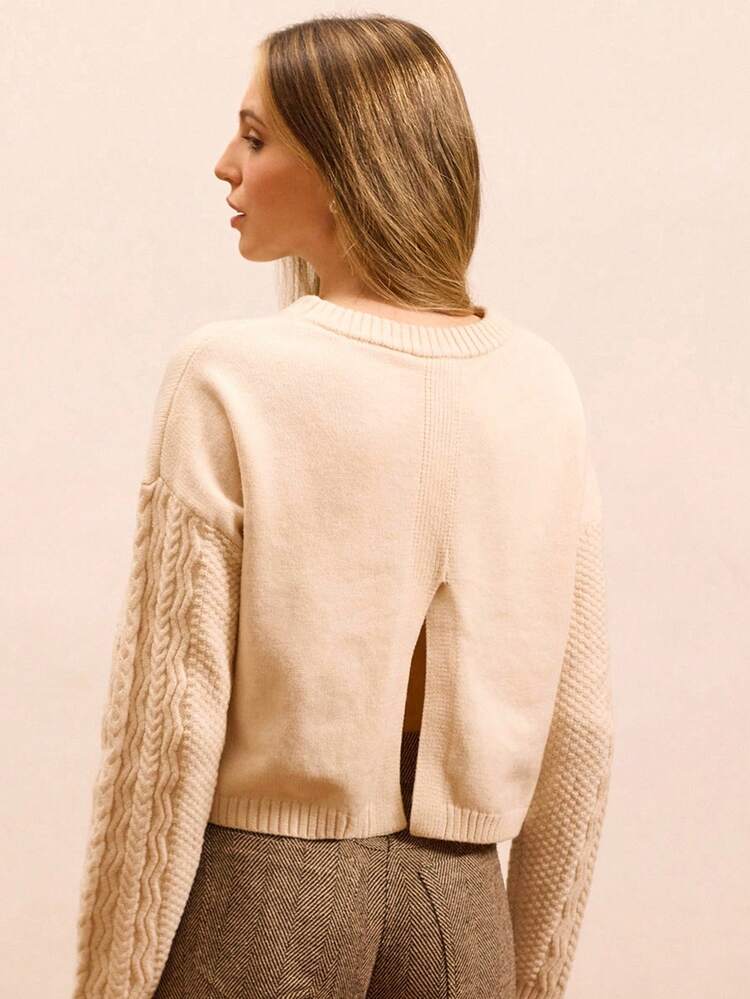 Cable Sleeve Jumper With Slit Back Detail Spring Women Spring Spring Women Spring Summer Office Top Business Casual Top