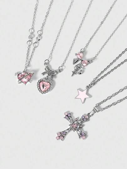 ROMWE Kawaii 5pcs/Set Y2K Crystal Heart-Shaped, Cross, Butterfly, Heart, Bow Star Decor Necklaces, Fashionable Kpop Shiny Choker Necklace Set For Women, Girls, Valentine Gift, Party Jewelry Valentines,Mom,Mother,Mother's Day,Gift