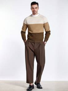 Manfinity CityGents Men's Colorblock Crew Neck Casual Pullover Sweater Striped Sweater, Brown Khaki Sweater, Suitable For Going Out, Going To Work, Working, Playing It Is Great For Couples And Makes An Excellent Gift Idea For Boyfriends Or Husbands, Fall/Winter - Multicolor - View 3