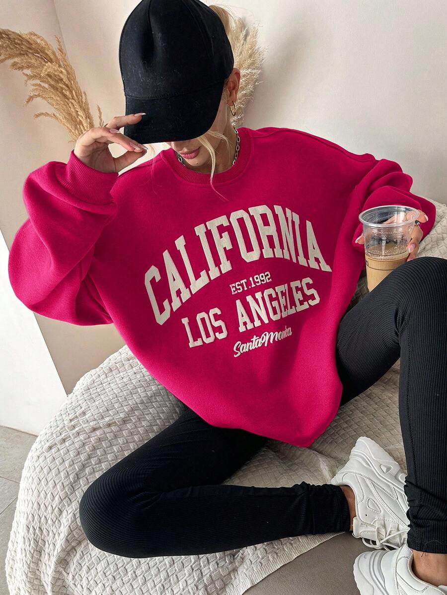 EURMUSE Damska bluza z nadrukiem w litery, okrągłym dekoltem, opadającymi ramionami, długim rękawem, luźna, swobodna, jesień/zima