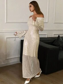 DAZY 女士纯色露肩喇叭袖亮片修身优雅连衣裙 舞会礼服 新年女士服装 嘉年华闪亮连衣裙 - 杏色 - 查看 6