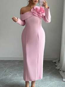 Modelyn Plus Size Women's Romantic Pink 3D Rose Shoulder Decor Asymmetric Long Sleeve Dress, Suitable For Gala, Party, Evening Events